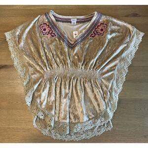 Charming Charlie Velour Embroidered Champagne Top